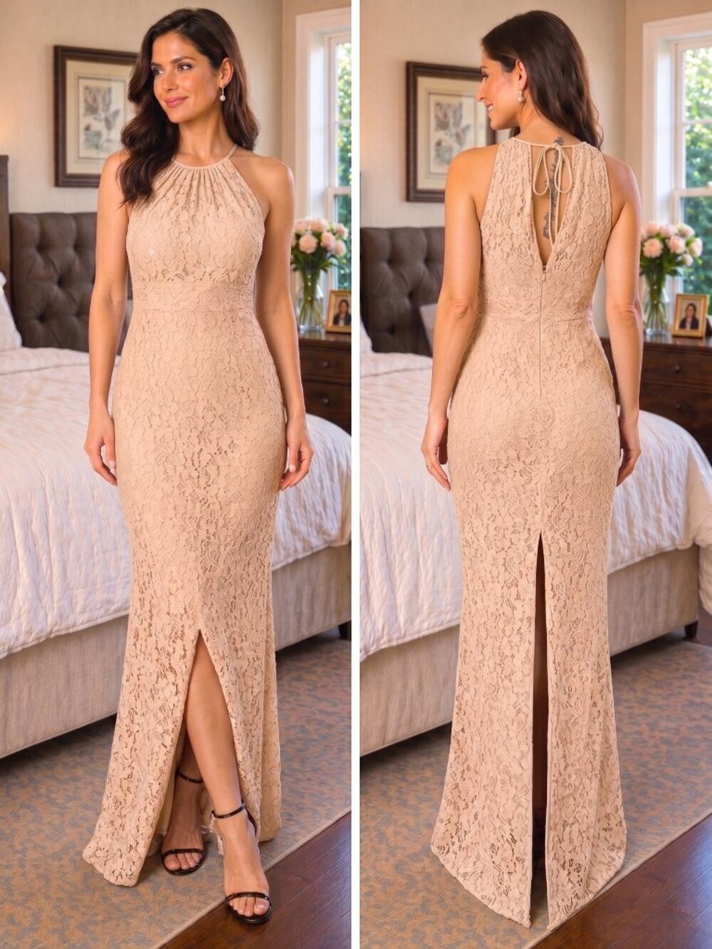 Adrianna Papell Beige Nude Floral Lace Formal Gown $249